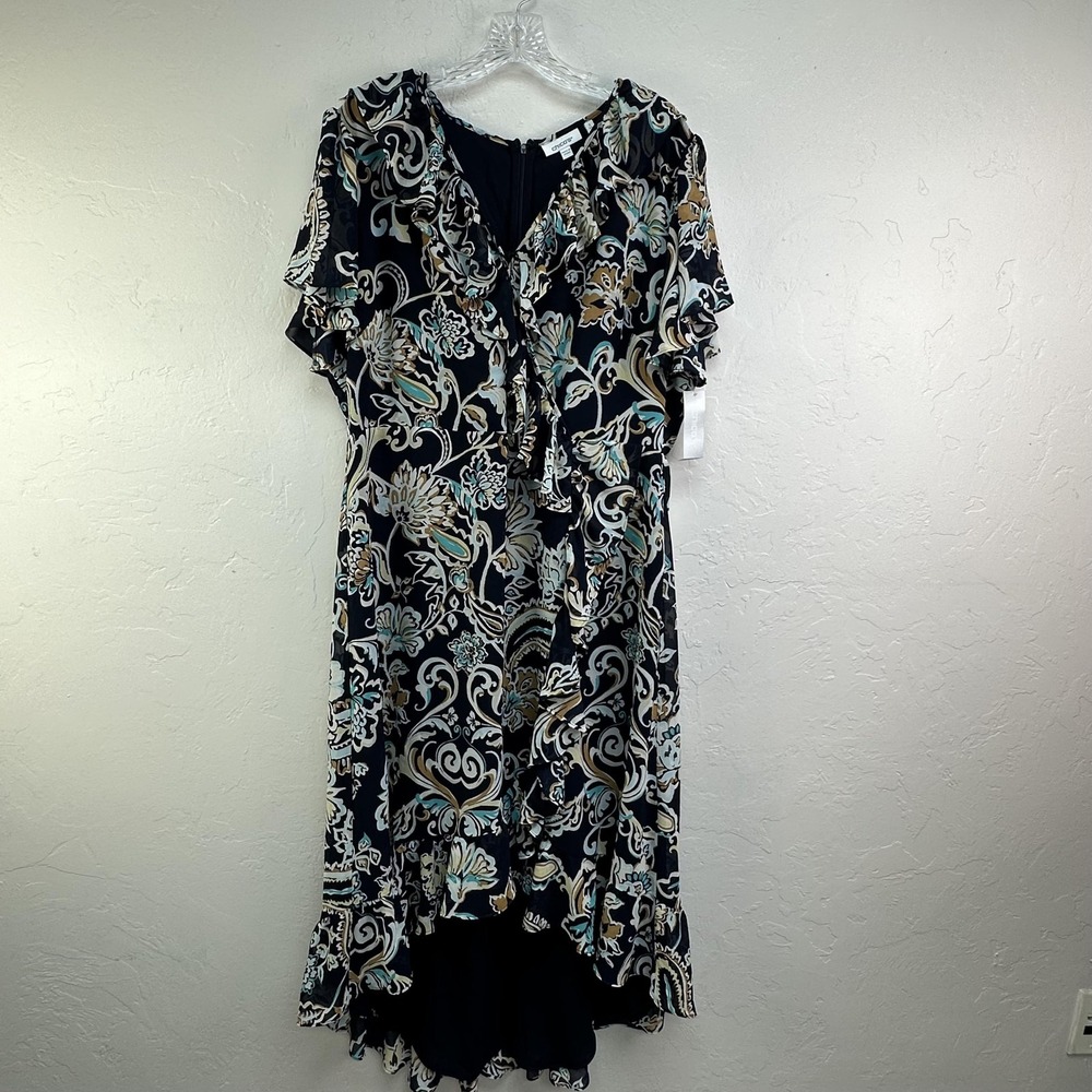 Chico's Dress Womens 16 Black Floral Ruffle V Neck Short Sleeve Lined Back Zip